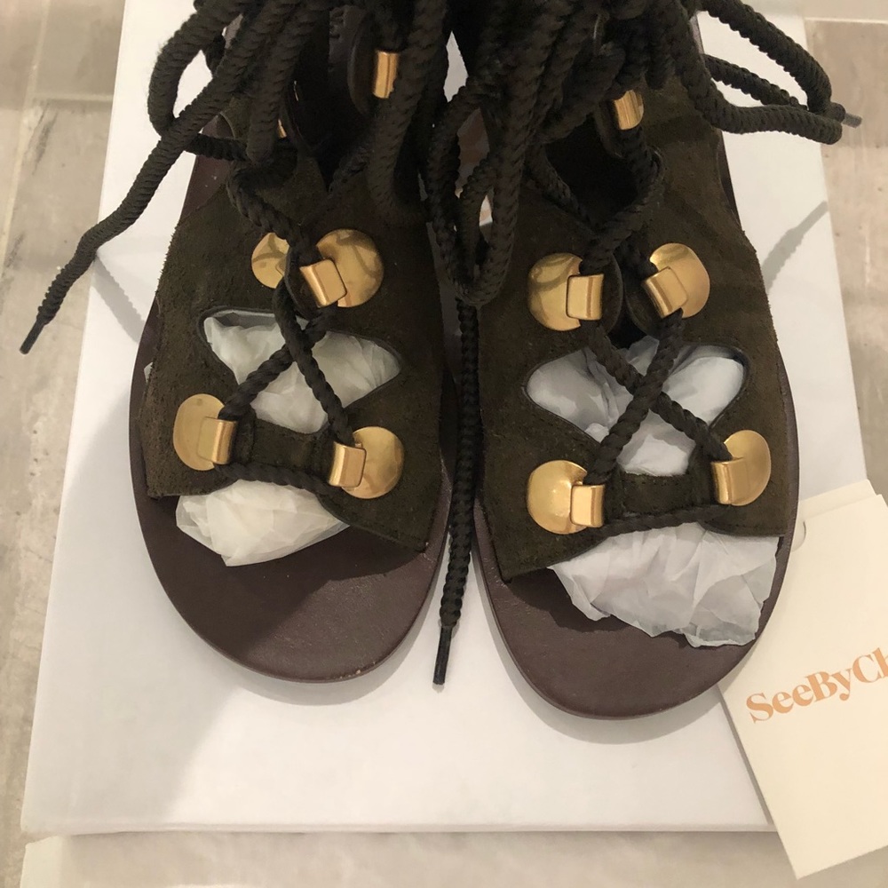 SeeBy Chloe Gladiator Tie Army Green Sandals